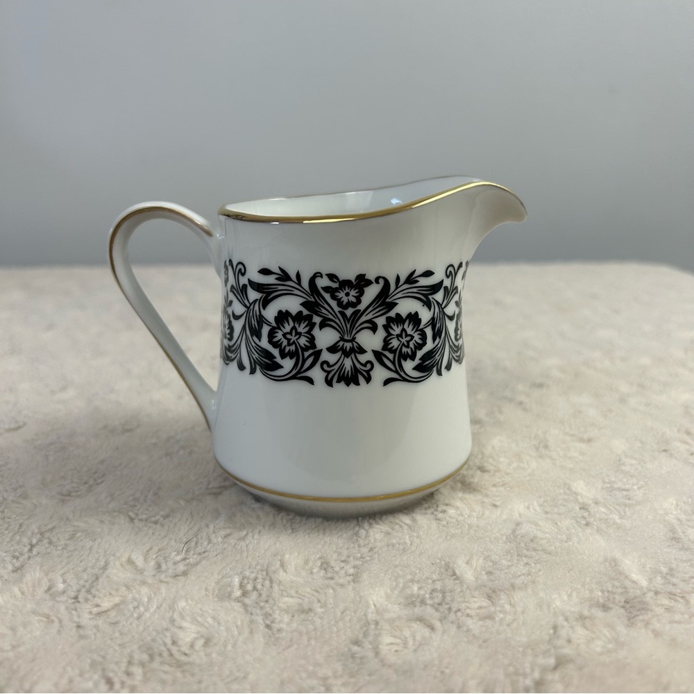 Style House Fine China Avalon Creamer Black White Floral Gold Vintage MCM